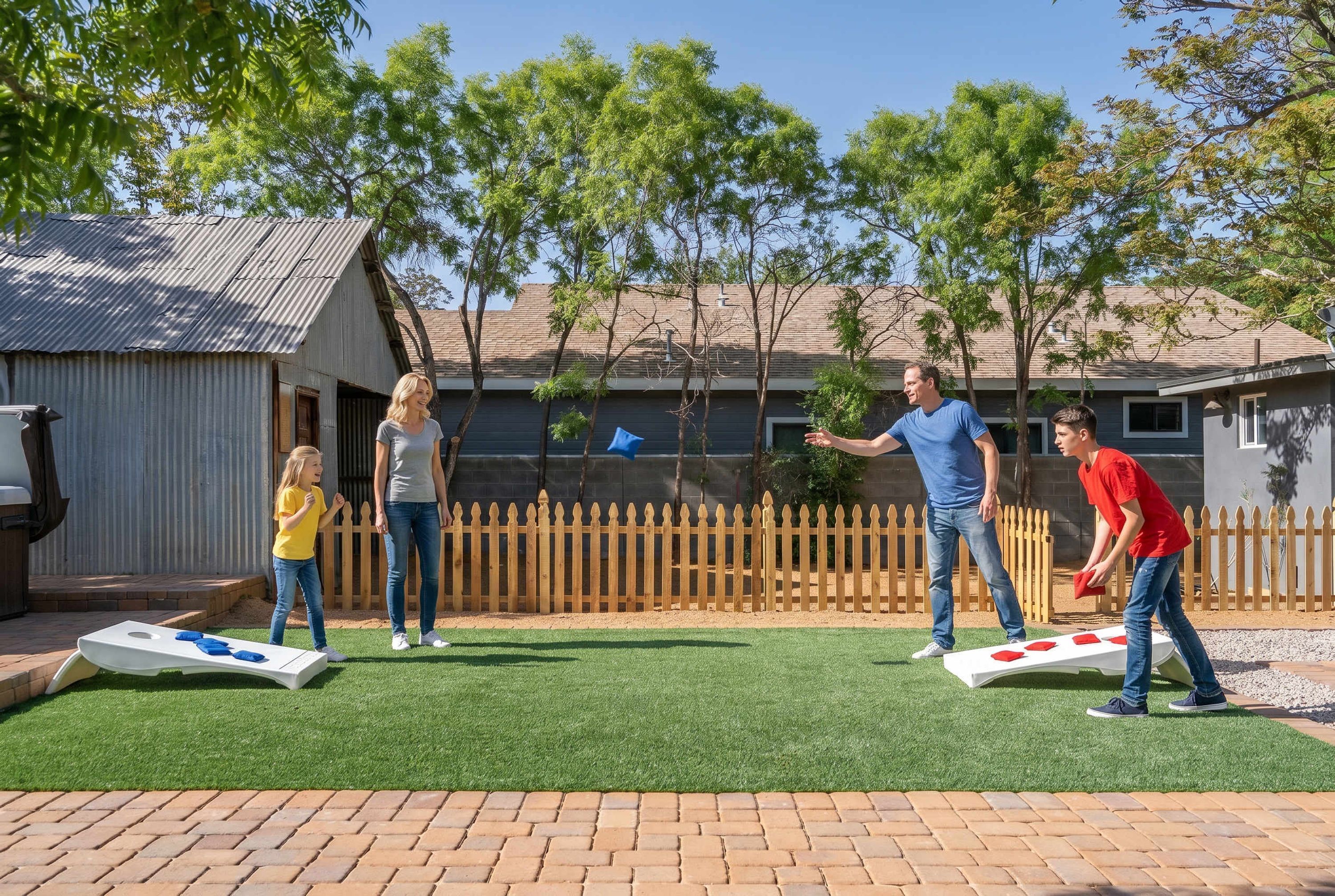 Una familia jugando un juego en el césped artificial de un patio trasero, con una cerca de madera y un cobertizo de metal.