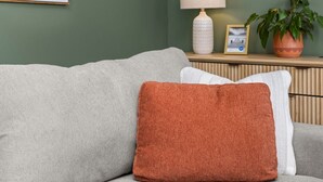 Ett vardagsrum med en grå soffa, en orange prydnadskudde, en vit lampa, en inramad tavla och en krukväxt.