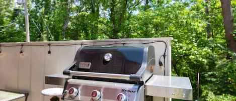 Una parrilla Spirit portátil con panel de control, montada al aire libre con vista a un área boscosa.