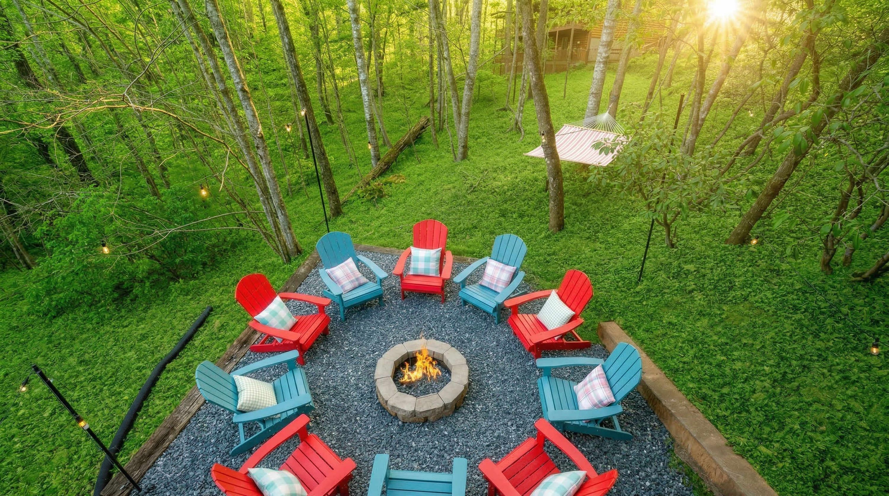 A circular outdoor seating area with Adirondack chairs around a central fire pit, surrounded by a forested landscape.