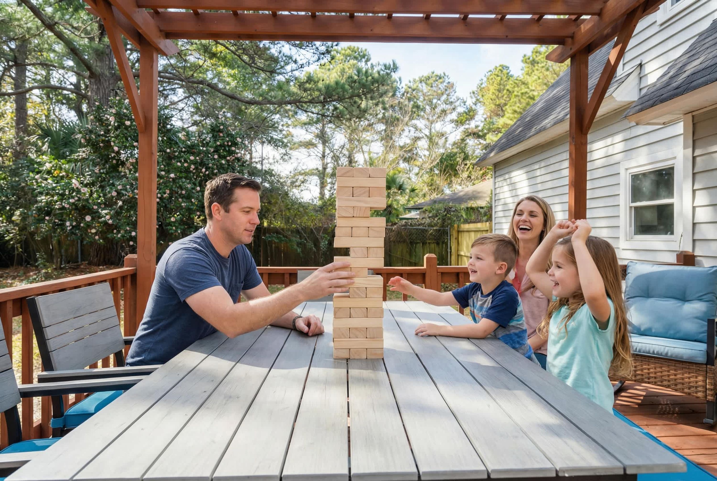 Eine Familie spielt Jenga auf einer Holzterrasse mit einer Pergola darüber.