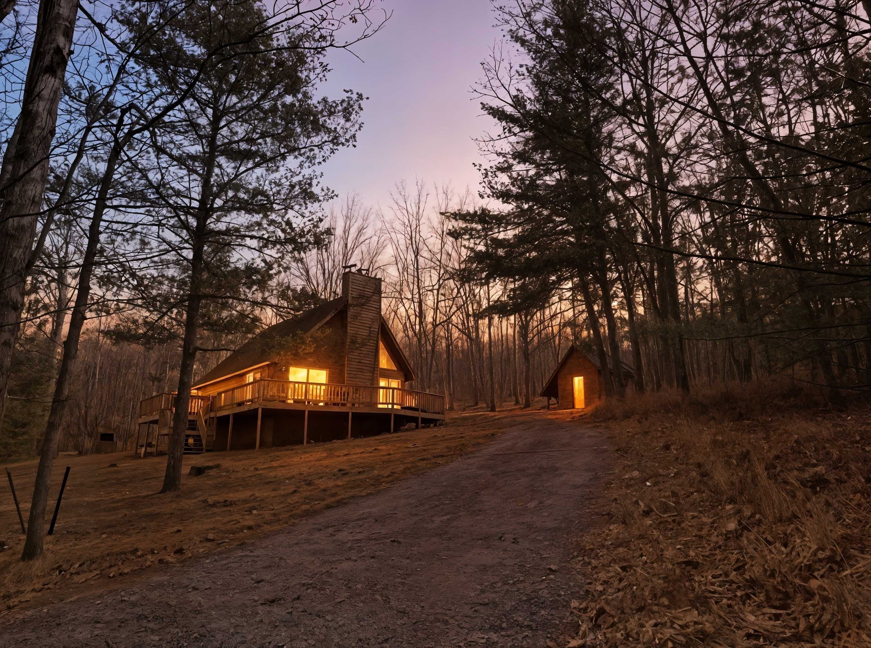A cabin with a wooden deck and a large window, surrounded by trees.