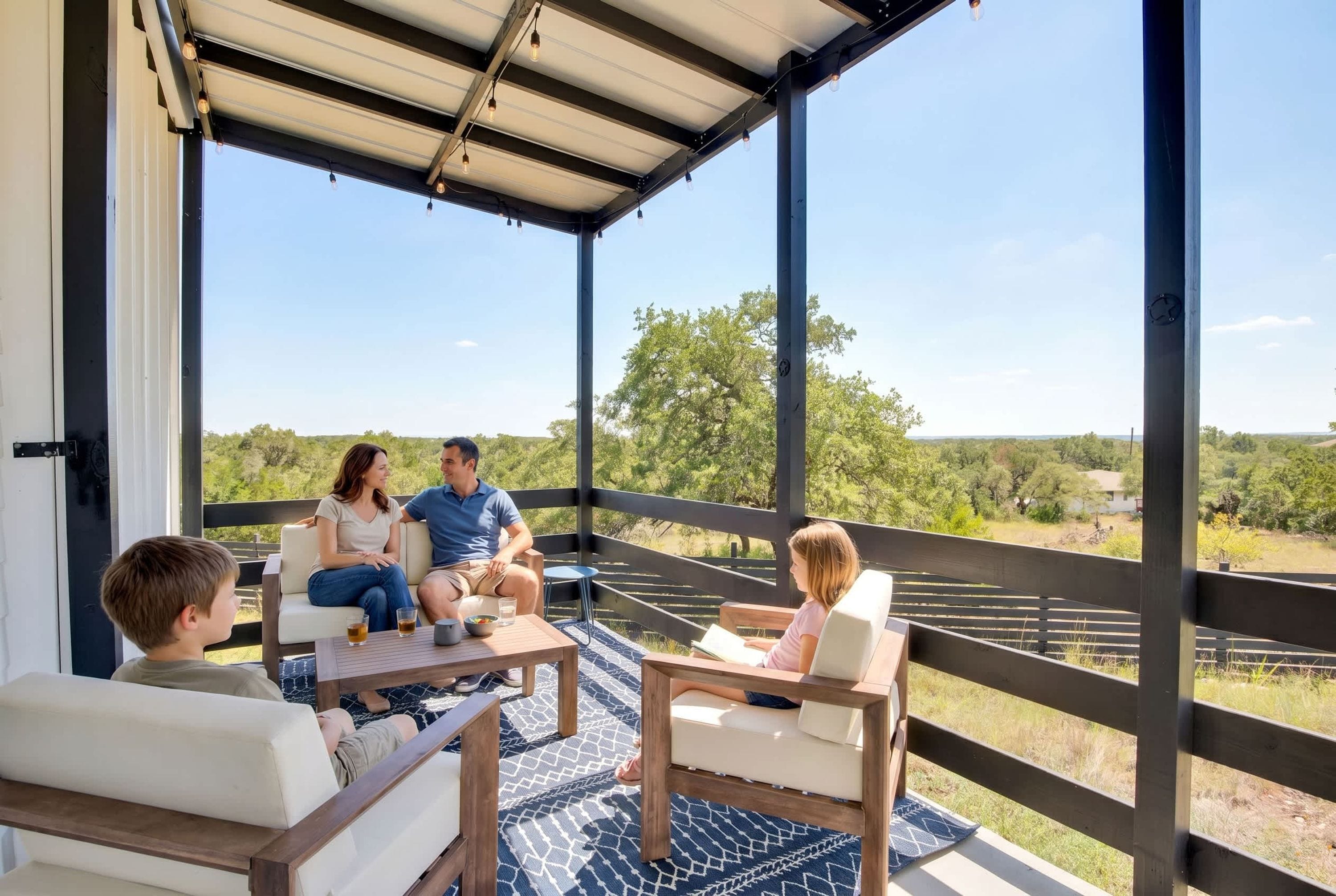A covered outdoor seating area with a view of a natural landscape.
