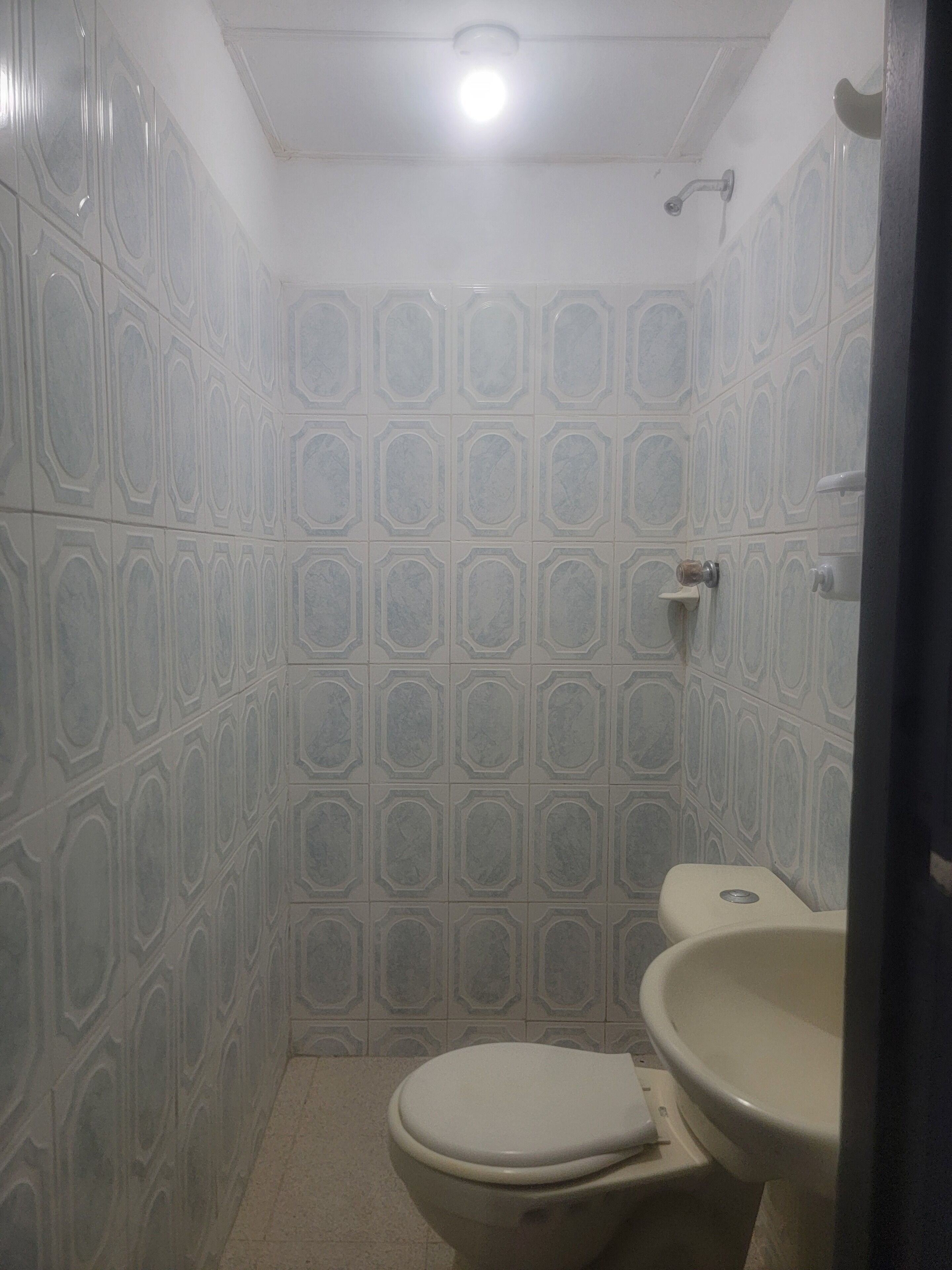 Une salle de bain avec des carreaux décorés, des toilettes et un lavabo.