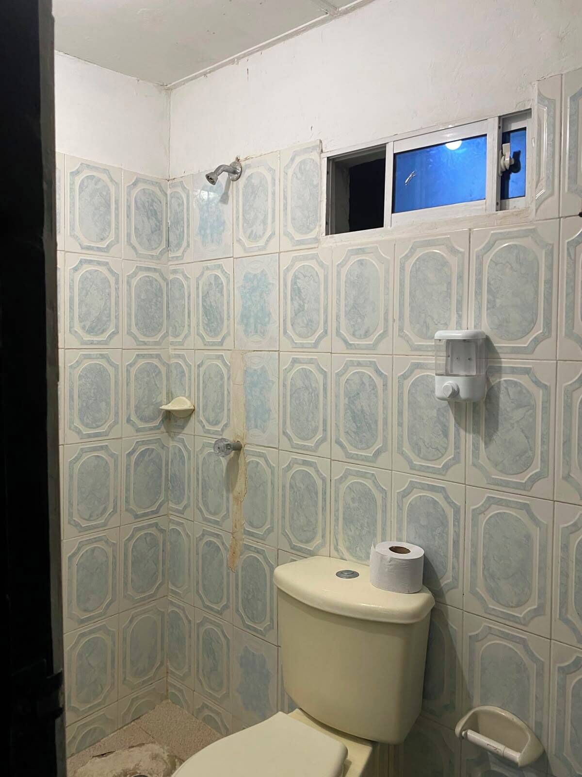 Un baño con inodoro, ducha y una pequeña ventana.