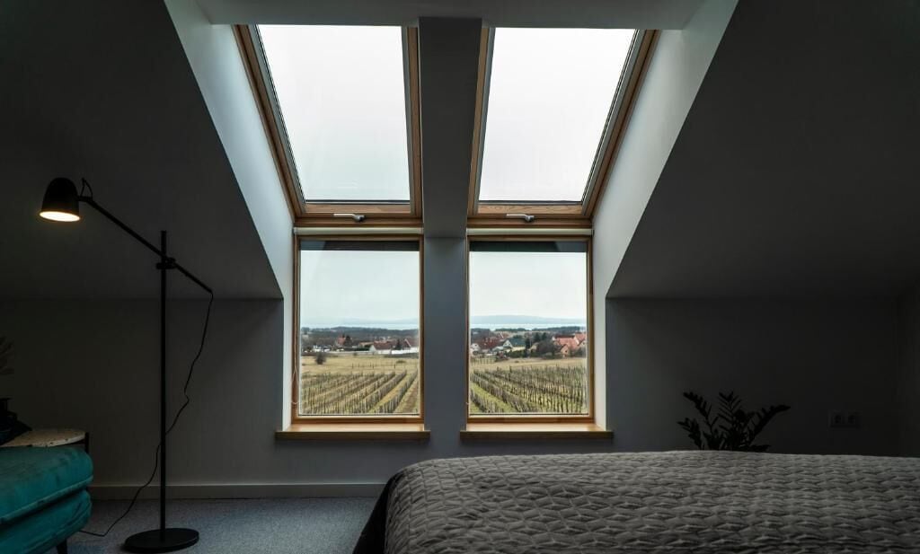 Une chambre avec un puits de lumière, un lit, une lampe sur pied et une vue sur les vignes.