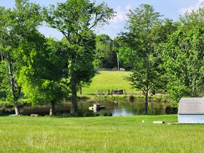 Eine friedliche Uferlandschaft mit einer hölzernen Mole, einer kleinen Werkstatt und einem grünen Feld.