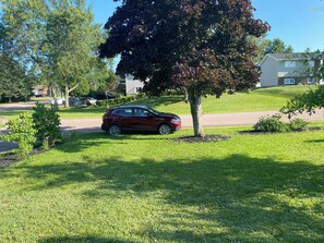 A residential area with a red car parked on a grassy lawn, a tree, and a house in the background.