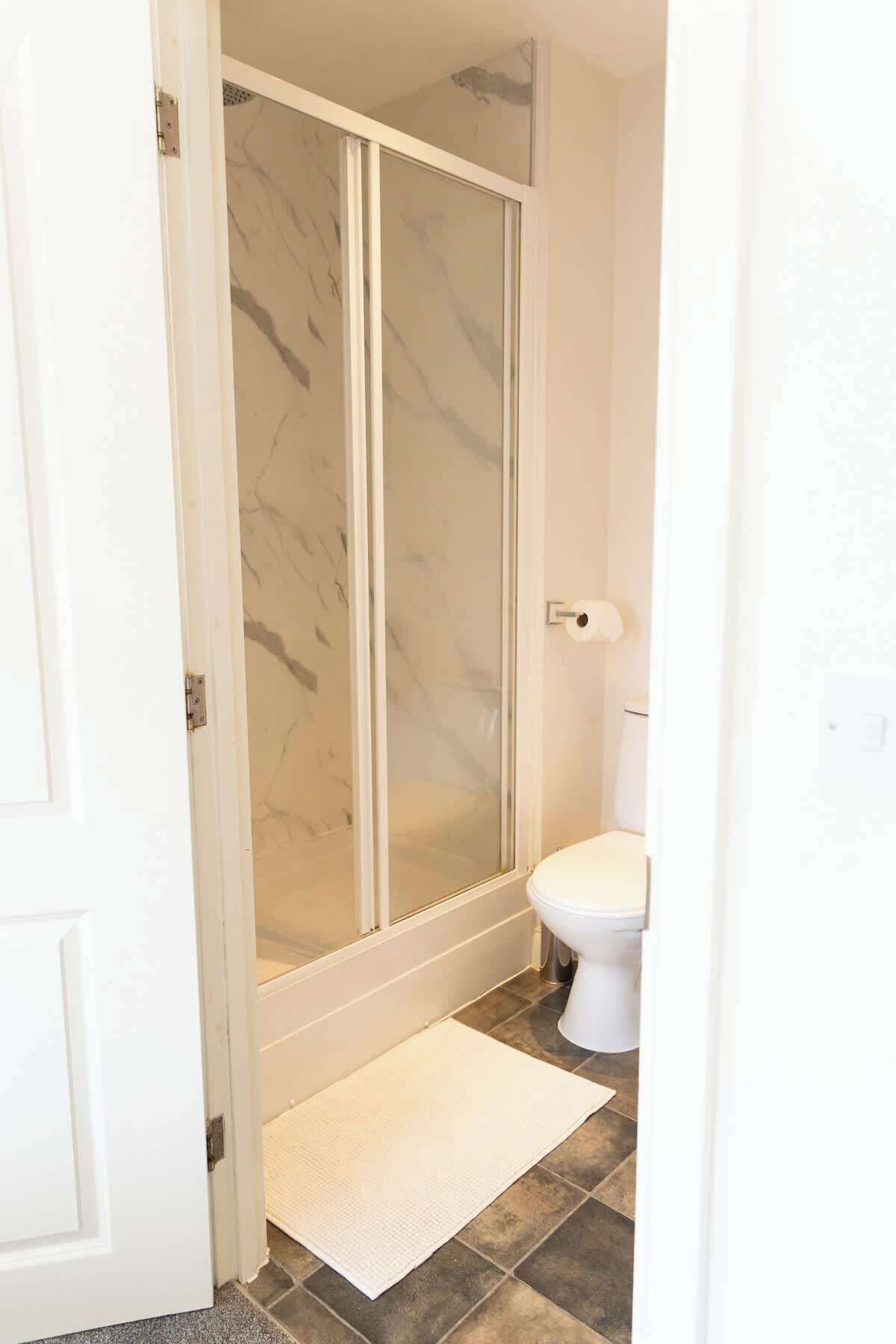 Une salle de bain avec une douche, des toilettes et une porte blanche.