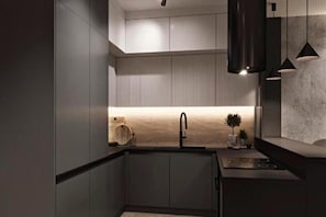 A modern kitchen with a built-in sink, wooden backsplash, and pendant lighting. - A comfortable apartment in the center of Łódź (Lodz)
