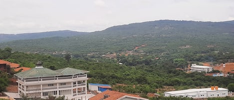 Un edificio de varios pisos con techo verde, rodeado de abundante vegetación y una montaña al fondo.