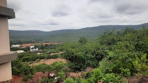 A view of a residential area with houses and greenery, a hill in the distance, and a cloudy sky.