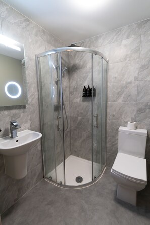 A modern bathroom with a glass-enclosed shower, a white sink, and a toilet.