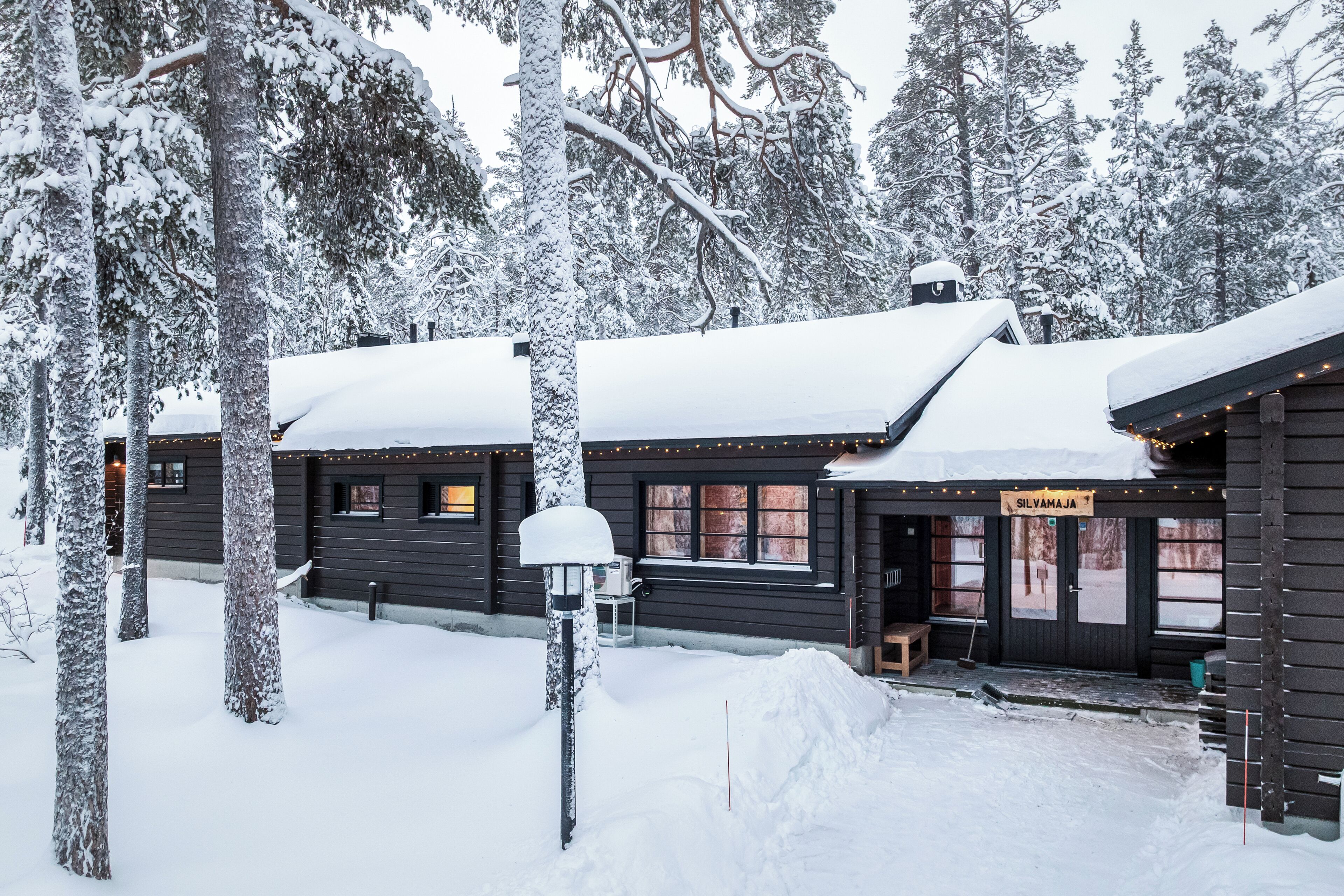 Une cabane en bois, dont le toit est recouvert de neige, entourée d’arbres.