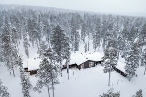 A cabin surrounded by a dense forest, with snow-covered trees and a clear view of the surrounding landscape.