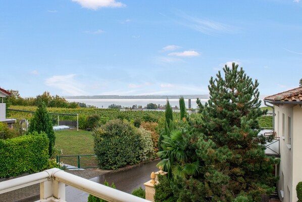 A residential area with a view of a body of water, greenery, and a clear sky.
