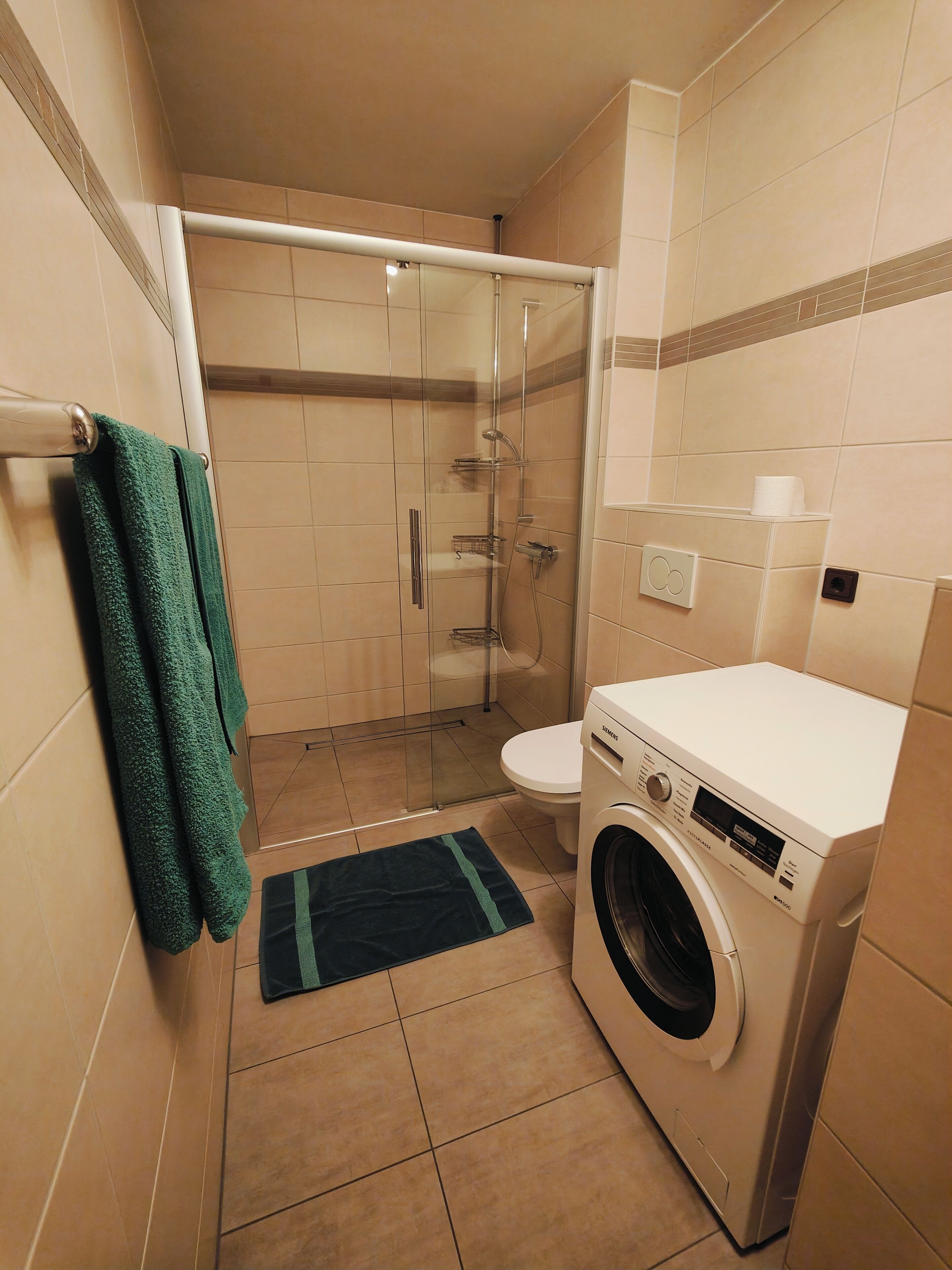 Ein Badezimmer mit Duschkabine aus Glas, Toilette und einer Waschmaschine mit Frontlader.