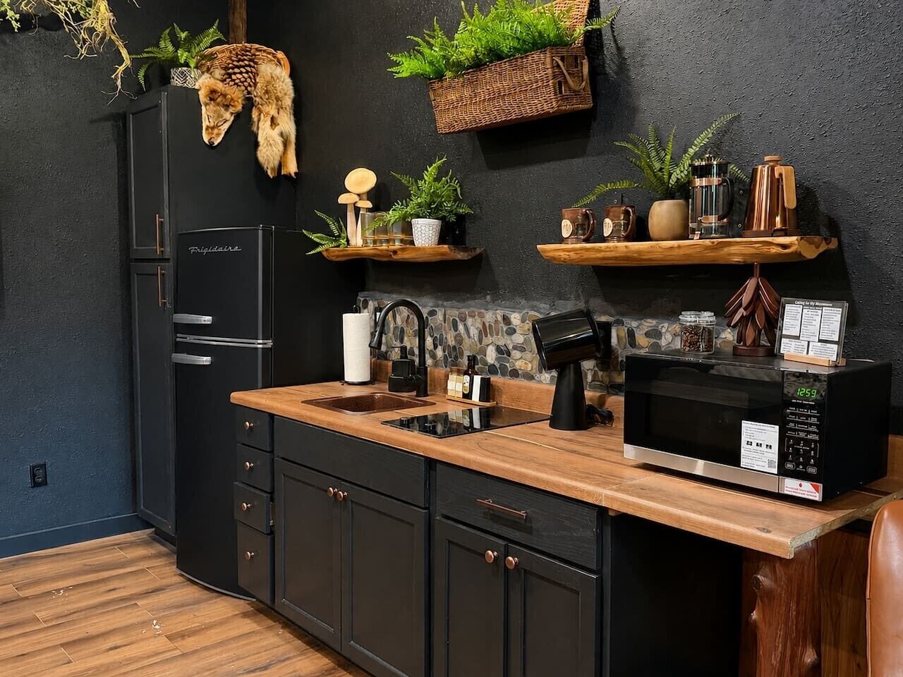 Coffee/tea maker, fridge, microwave, oven