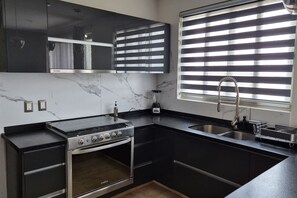 A modern kitchen with a built-in stove, oven, and stainless steel sink. - Depa moderno piso7- Recamaras -Elevador+2 cajones (Zapopan)