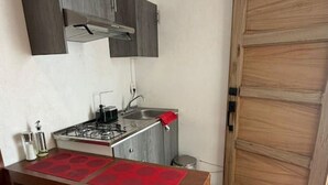 A compact kitchen with a gas stove, a sink, and a wooden door. - Casa Andares 3 REC Y 3 BANOS (Zapopan)