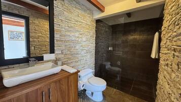 Shower, hair dryer, towels, shampoo