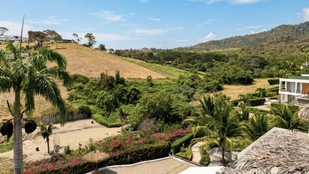 A residential area with a hill, palm trees, and a modern building.