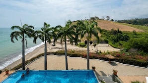 A swimming pool with a view of the beach and palm trees.