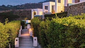 A pathway leading to a modern building with a stone wall and greenery on either side. - Jama Campay Villas by Otium (Camarones)
