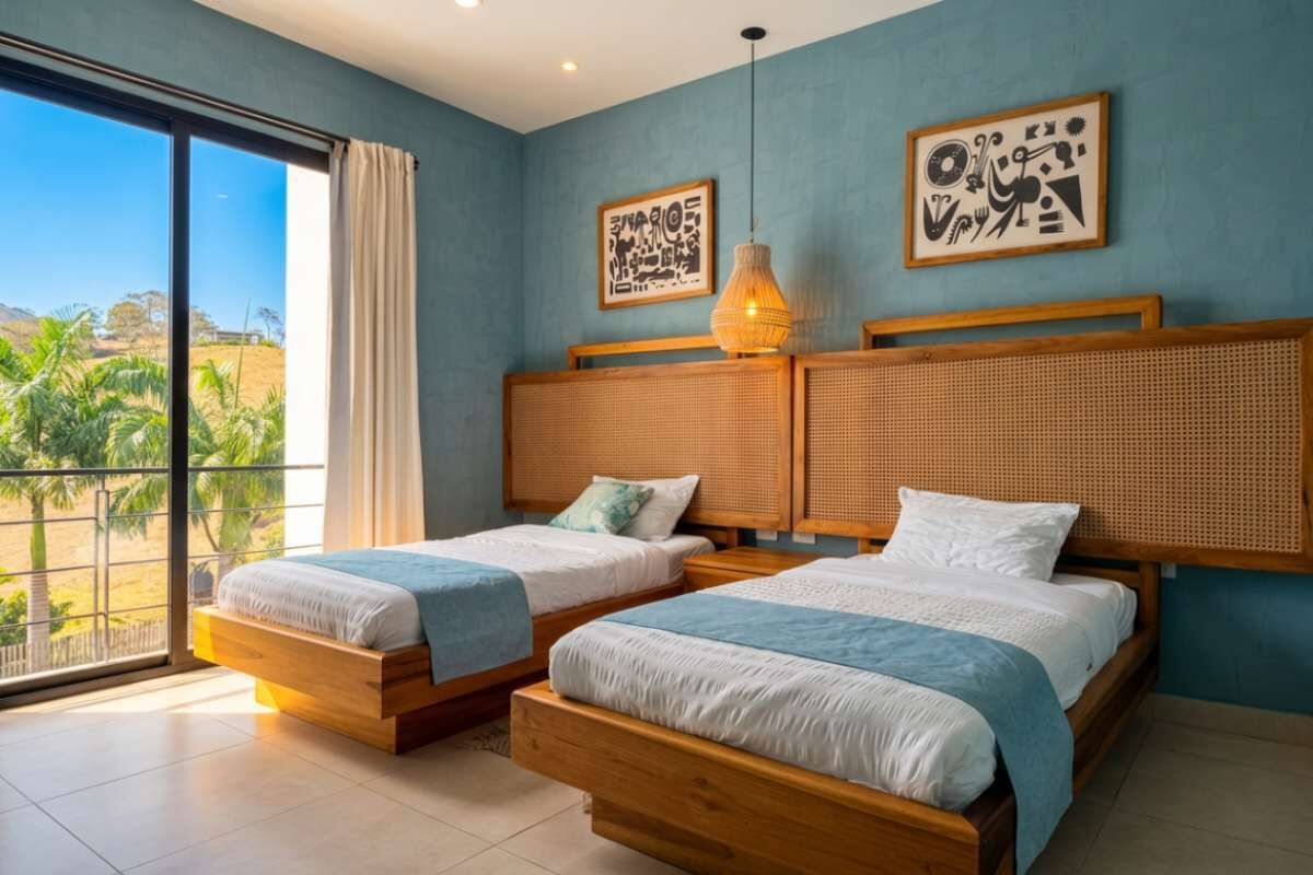 Ein Hotelzimmer mit zwei hölzernen Betten, einem großen Fenster mit Blick auf Palmen und zwei abstrakten Wandbildern.
