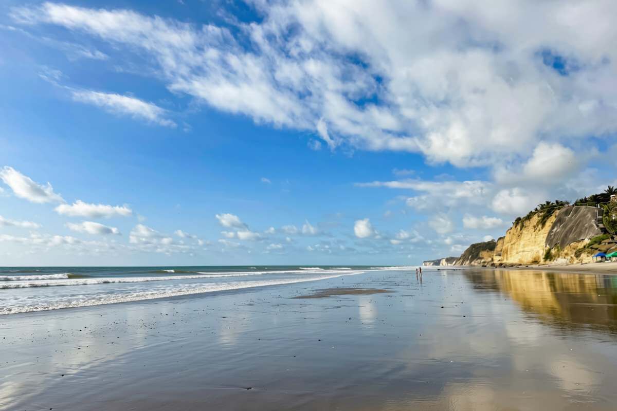 Una playa con cielo despejado y mar tranquilo.
