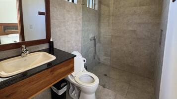 Shower, hair dryer, towels, shampoo