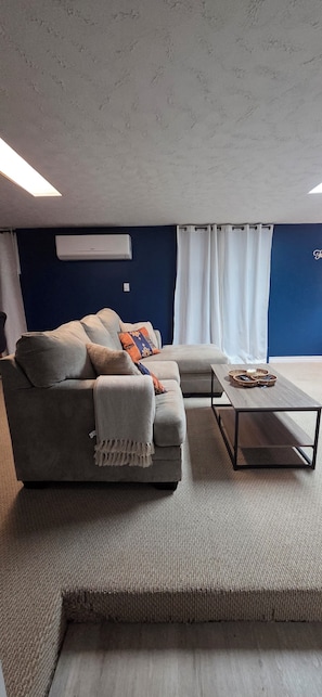 A modern living room with a sofa, coffee table, and a rug.