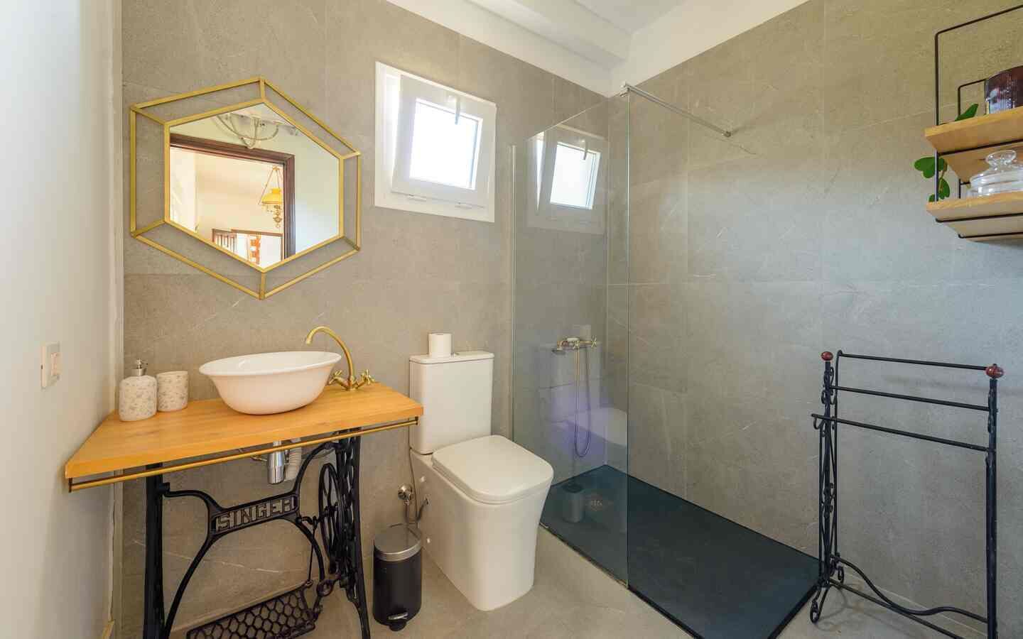 Un baño con lavabo, inodoro y ducha.