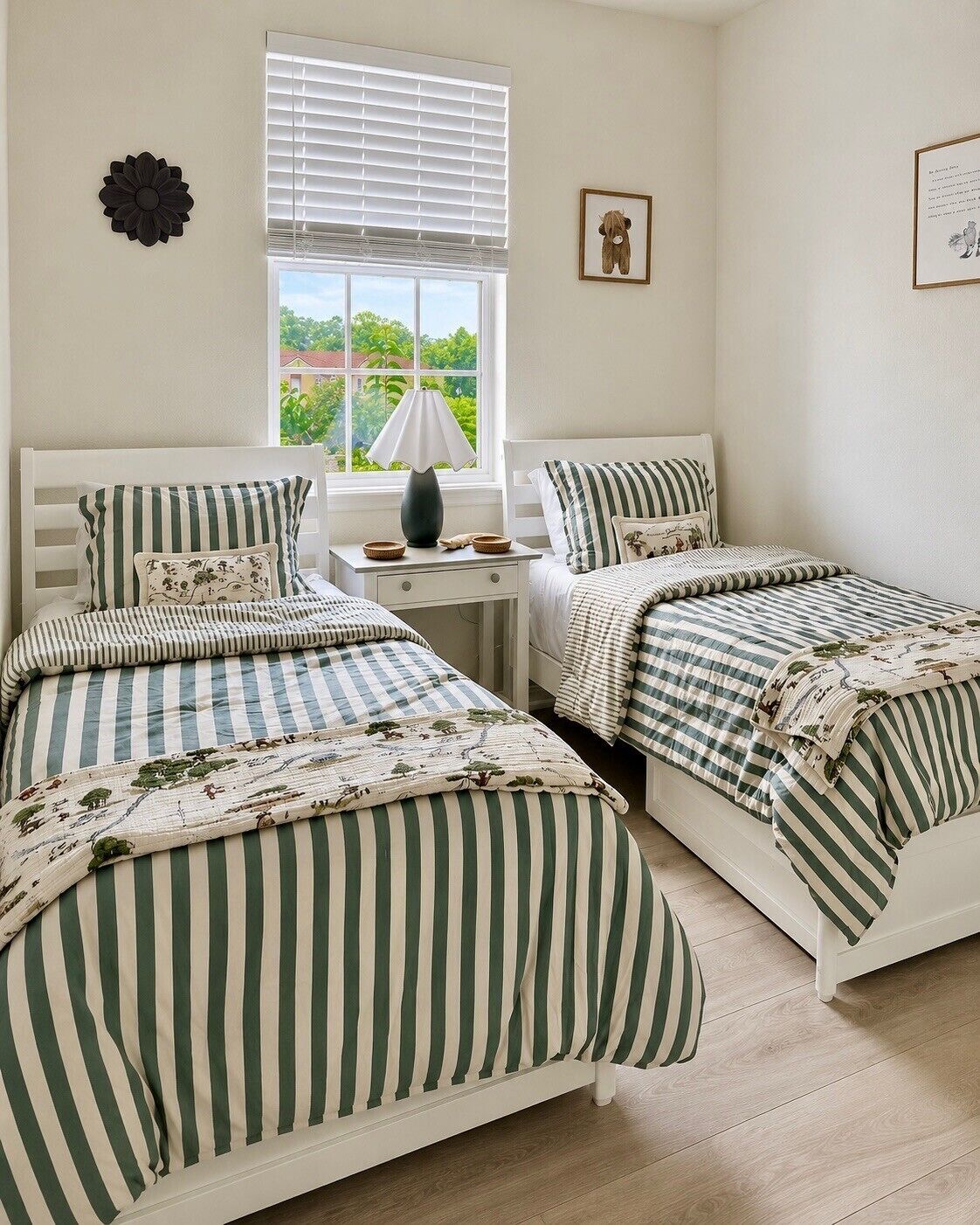 Quarto com duas camas de solteiro, uma mesinha de cabeceira com abajur, uma janela com persianas e um objeto decorativo na parede.