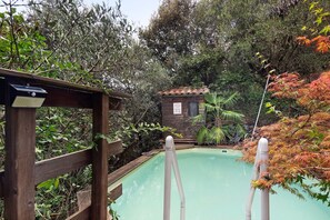 A wooden deck with a pool, surrounded by dense foliage and a small wooden structure.