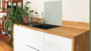 Cozinha com bancada de madeira, armários brancos, pia preta e uma planta à esquerda.