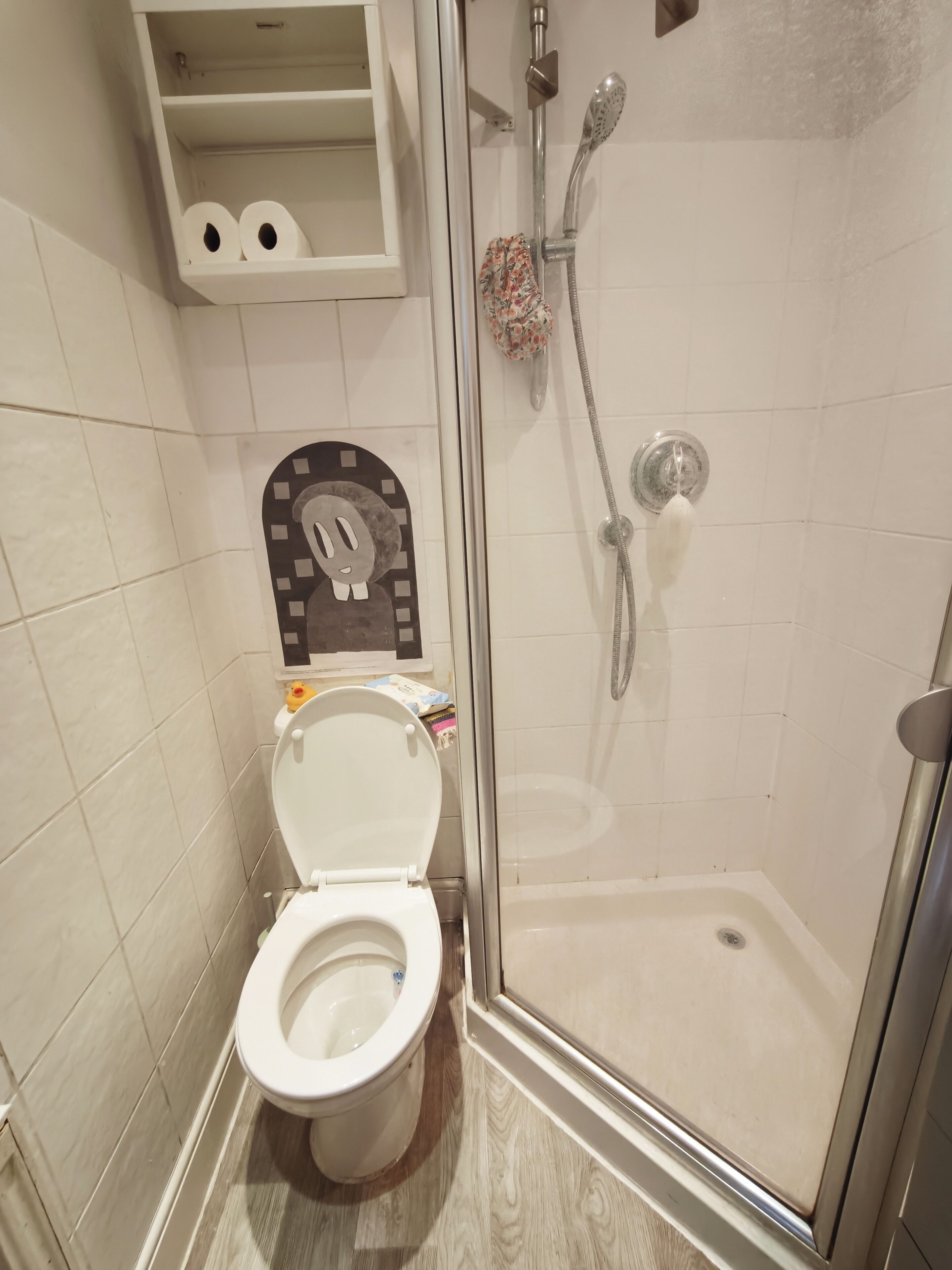 Een badkamer met toilet, douche en een plank met toiletpapier.