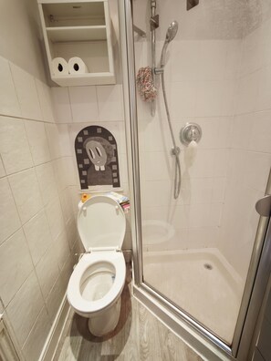 A bathroom with a toilet, a shower, and a shelf with toilet paper. - Cute studio apartment on café street close to music venues and camden (London)