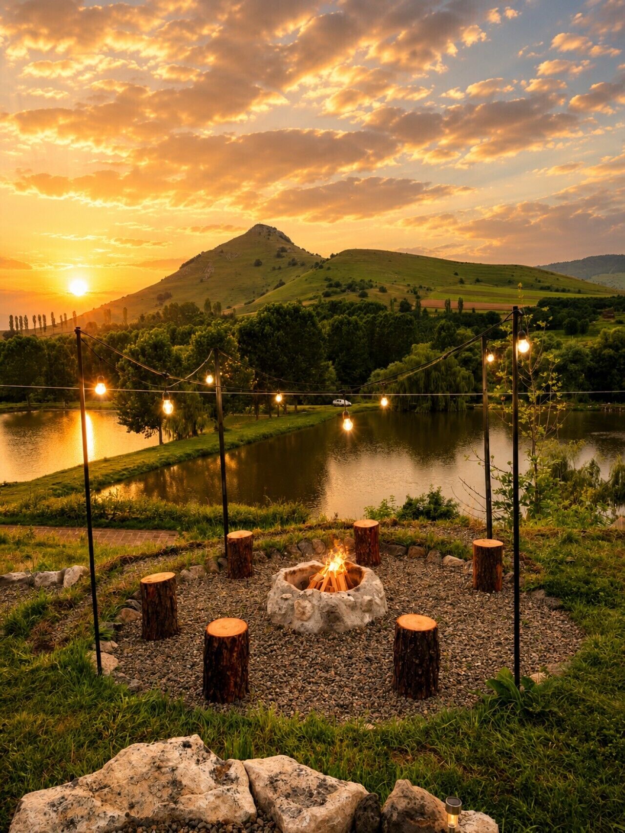A campsite with a fire pit surrounded by wooden stumps and string lights, set against a backdrop of a lake and hills during sunset.