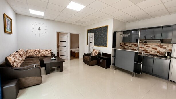 A modern living room with a sofa, coffee table, and a kitchen area with cabinets and a countertop. - Pine Garden Boutique Hotel and Pool in Stepanavan (Stepanavan)