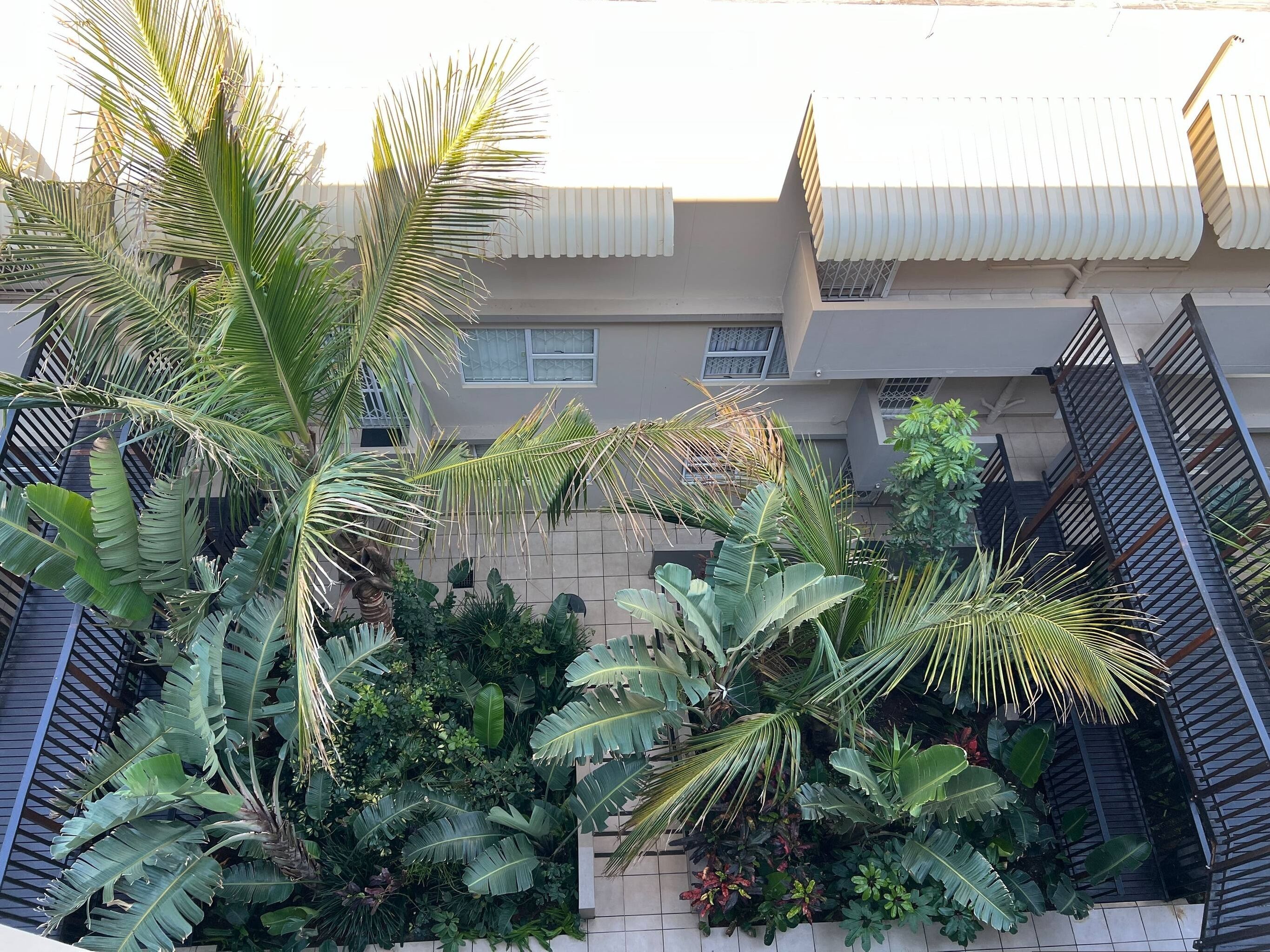 A residential building with a gated entrance, a tiled pathway, and a variety of tropical plants.