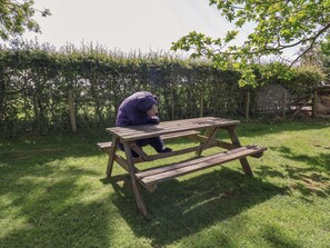 Ein Picknicktisch in einer grünen Wiese, im Hintergrund ein Heckenstreifen.