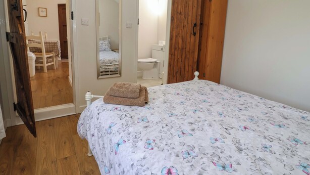 A bedroom with a bed, a wooden wardrobe, a mirror, and a bathroom visible through an open door. - Ty Haf (Mold)