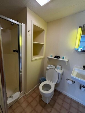 A bathroom with a toilet, a sink, a shower enclosure, and a shelf above the toilet. - Cozy 1-bedroom hotel room, Hamilton - #345 Cayuga (Hamilton)