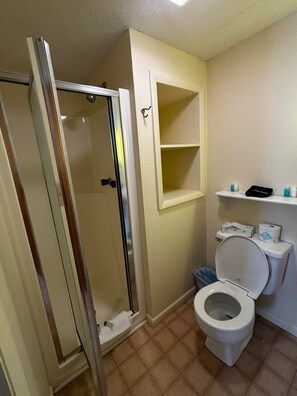 A bathroom with a toilet, a shower enclosure, and a shelf with toiletries. - Cozy 1-bedroom hotel room, Hamilton - #345 Cayuga (Hamilton)