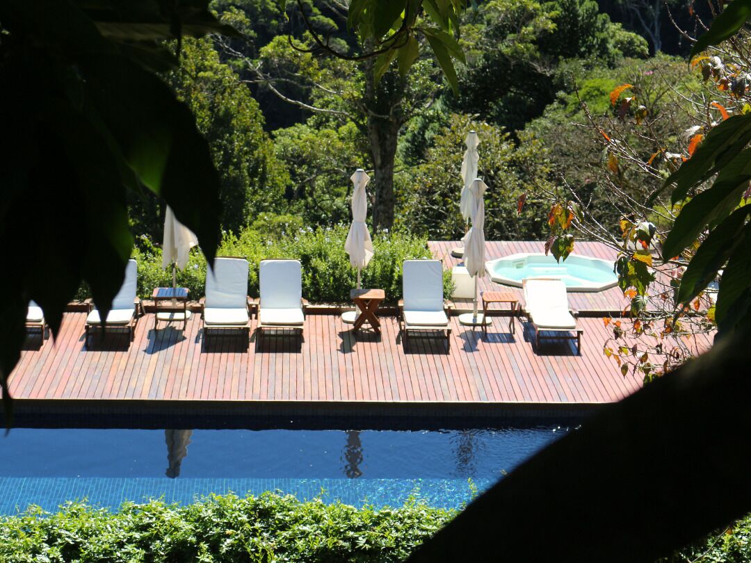 A pool area with lounge chairs and umbrellas, surrounded by greenery.