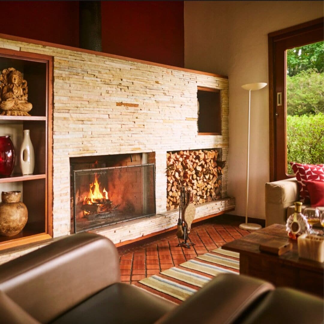 A living room with a fireplace, a bookshelf, and a view of greenery outside.