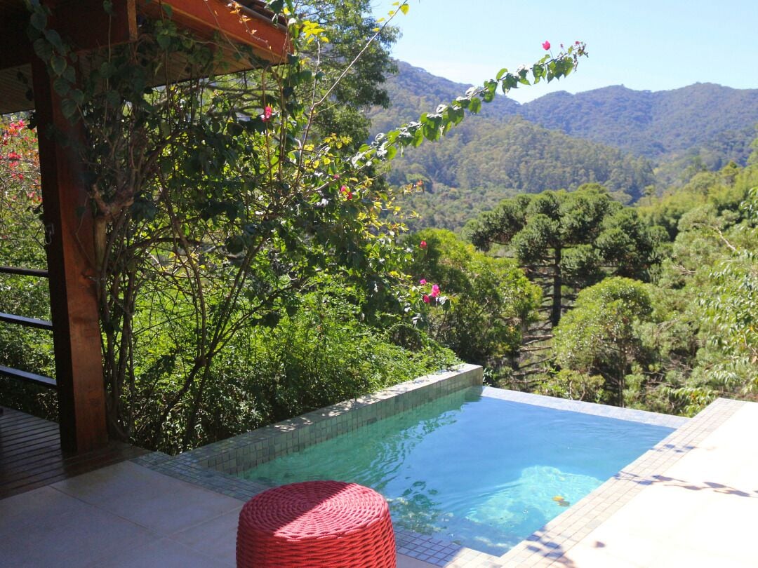 On aperçoit clairement une piscine, agrémentée d’une pergola en bois et entourée d’une végétation luxuriante.