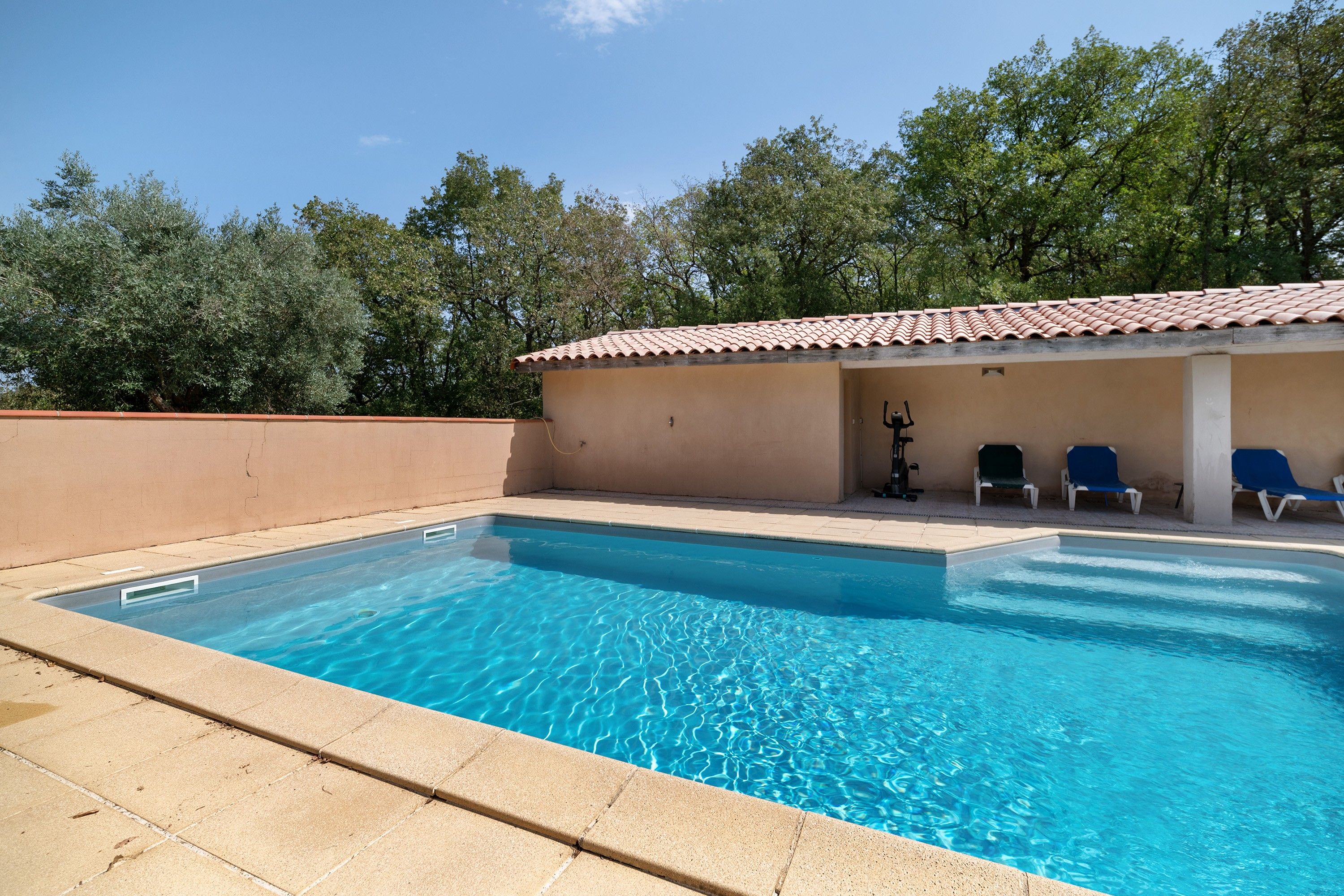 A swimming pool with a tiled roof, surrounded by lounge chairs and a wall.