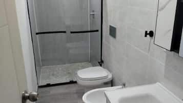 Shower, bidet, towels, soap